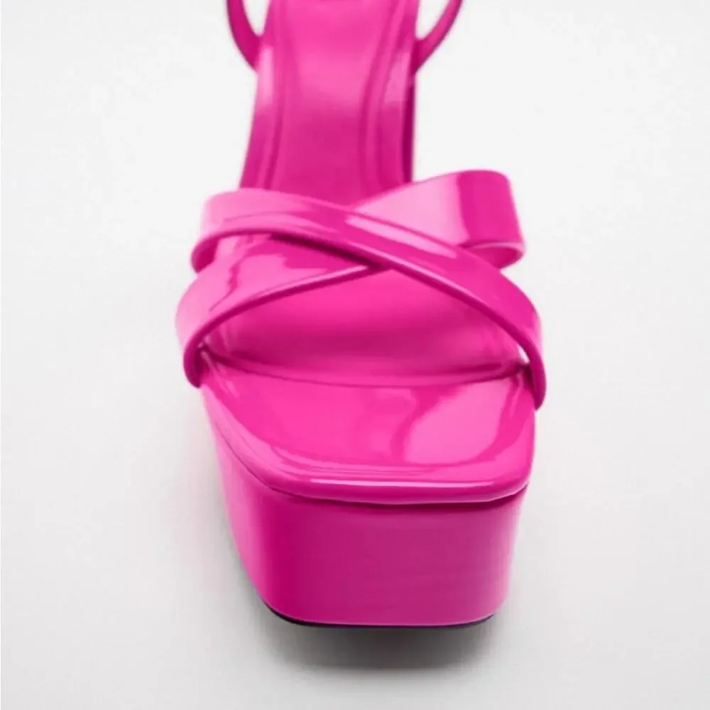 ZARA NEON BARBIE PINK PATENT STRAPPY CHUNKY PLATFORM HEEL SANDALS SIZE 9